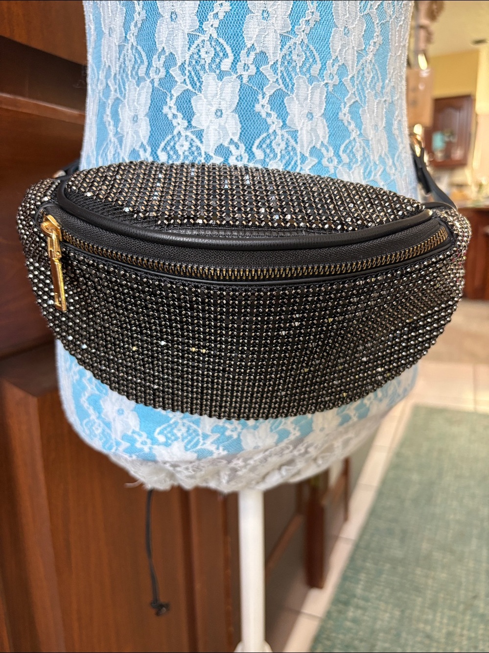 Belt bag Crystal Zip Bag black/gold crystals black trim heavy duty sparkly